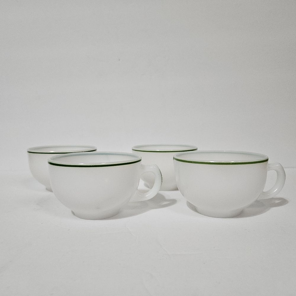 Hazel Atlas Platonite Set Of 4 Vtg 60s White Green Stripe Accent Coffee Tea Cup
